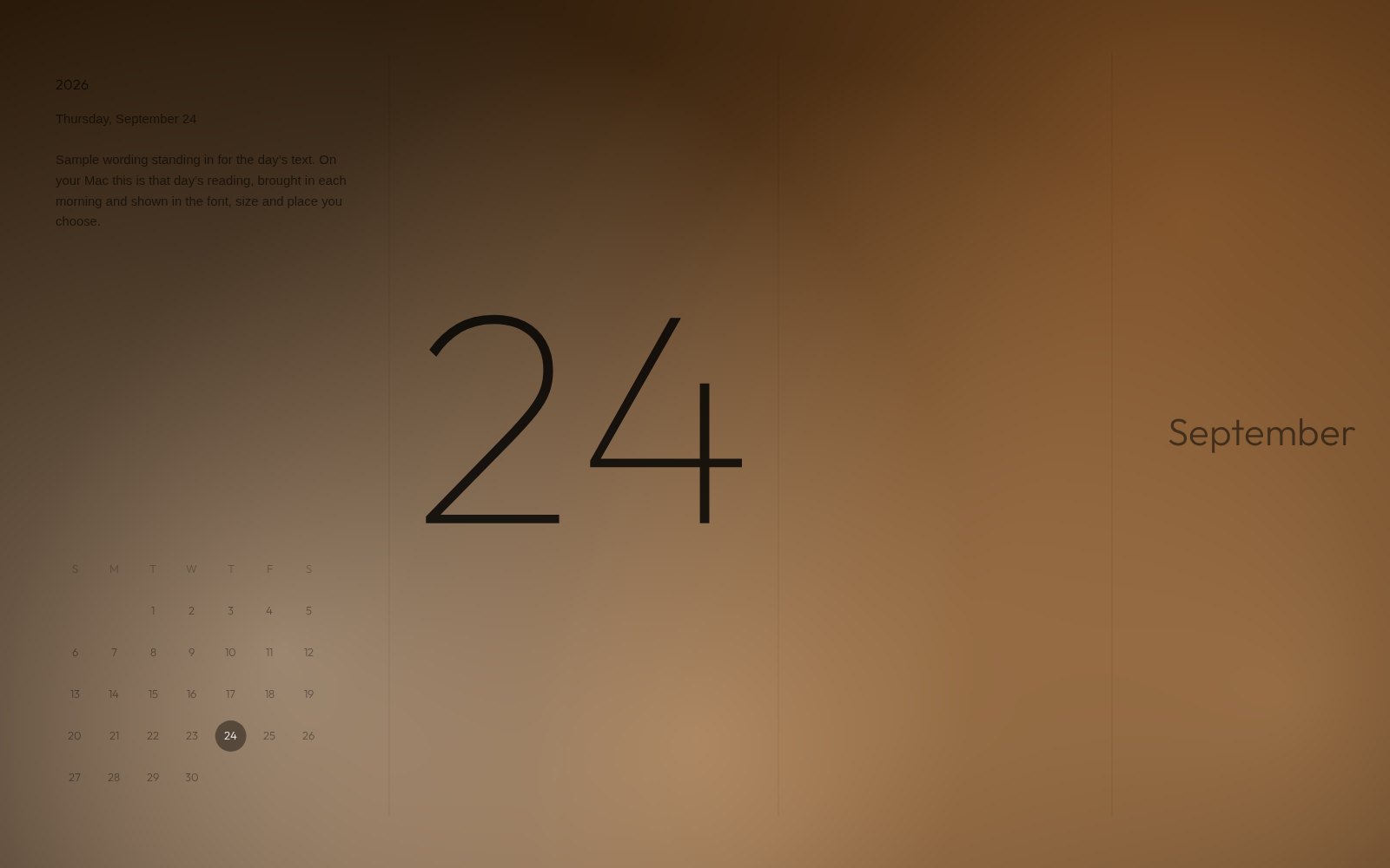 A Minimal Monthly wallpaper: the day's number large, the month's calendar and the day's text
